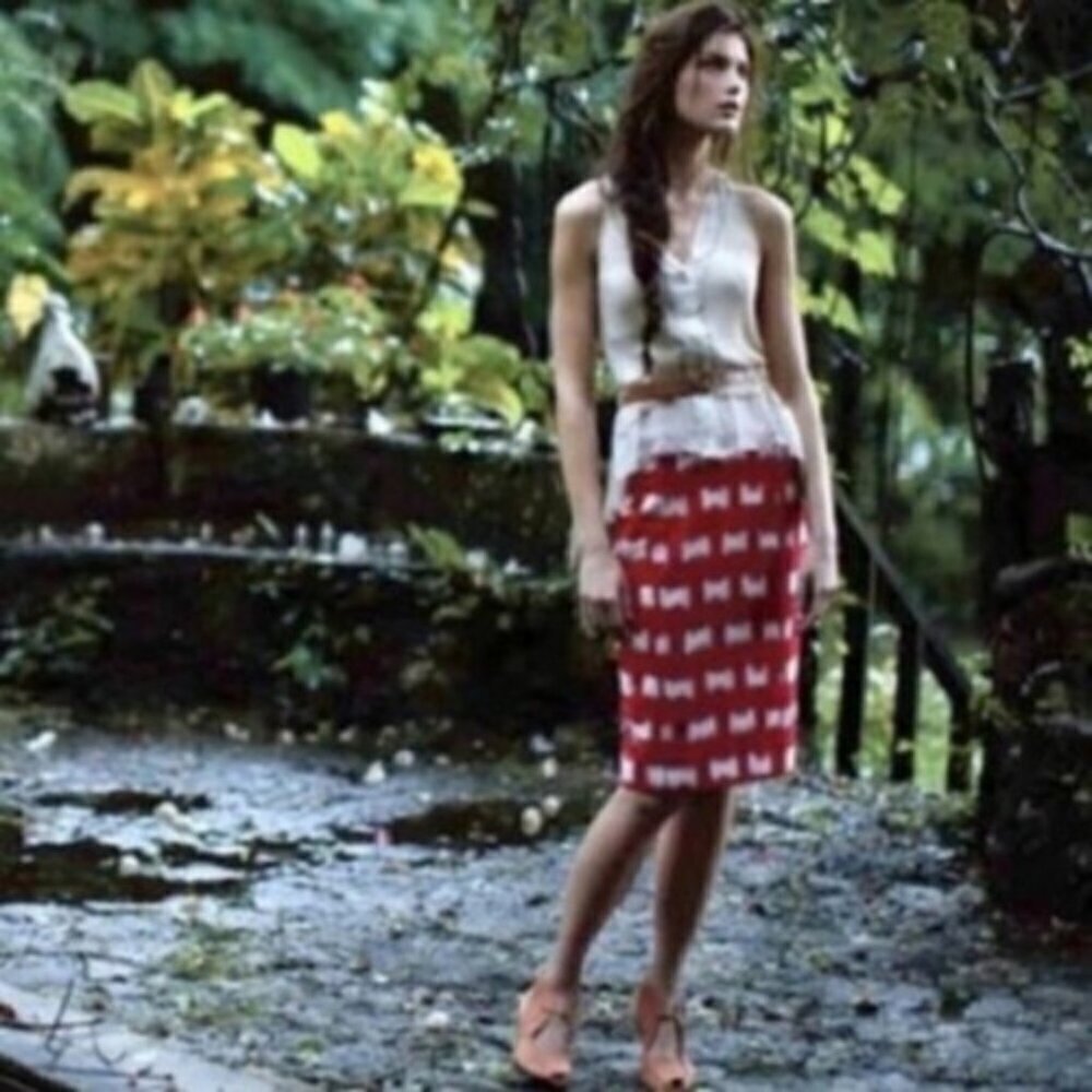 Anthropologie Corey Lynn Calter Red & White Linen Blend Ikat Pencil Skirt